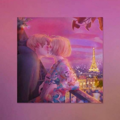 插画唯美情侣头像，紫色与粉色的搭配